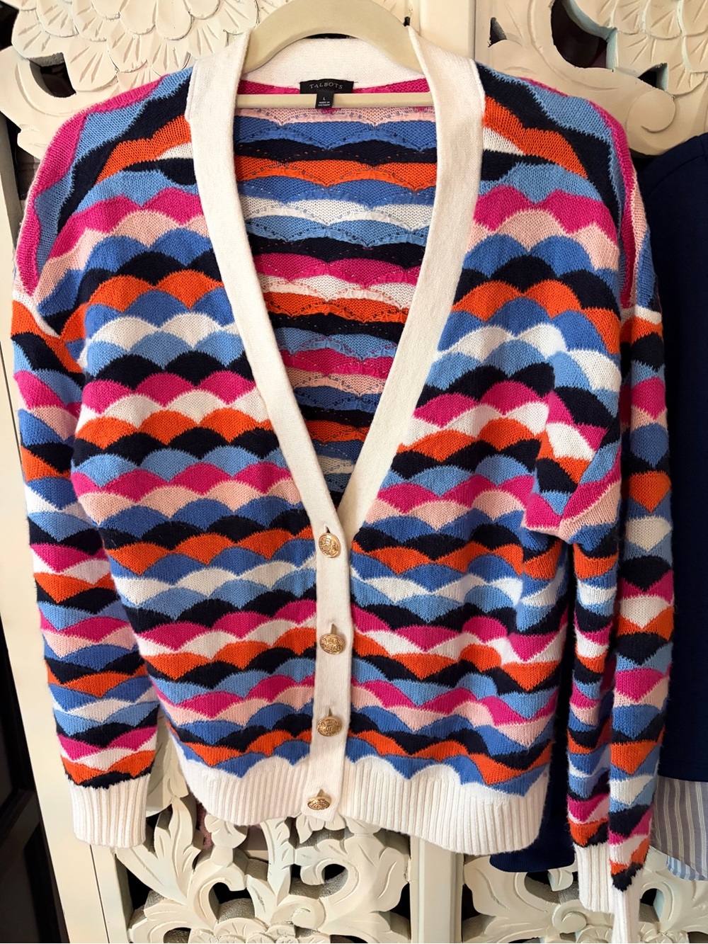Talbots Multicolor Wave Cardigan with White Trim